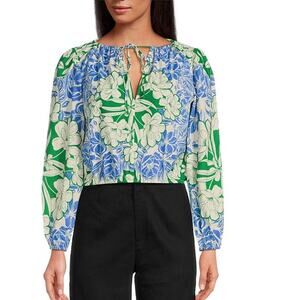 Gianni Bini Camilla Floral Linen Blend Boat Neck Tie Front Blouse, Sz M--NWT